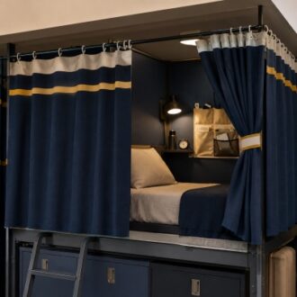 Modern bed curtains used for privacy and interior decoration in bedroom space