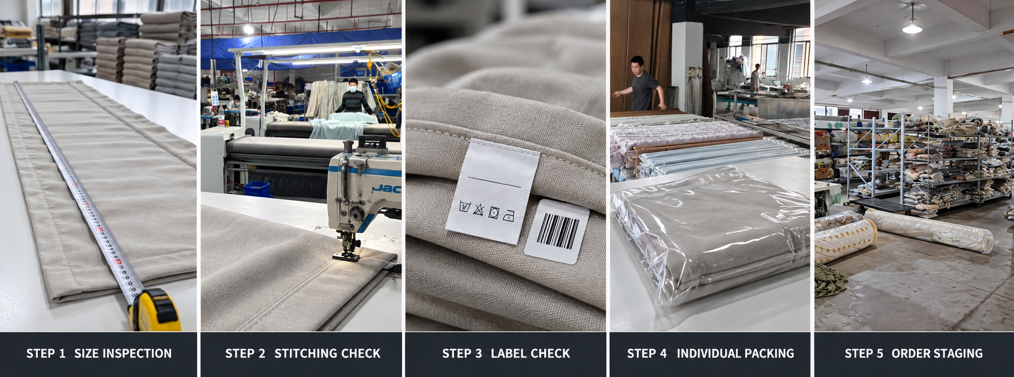 Bulk curtain inspection, labeling, packing and order staging