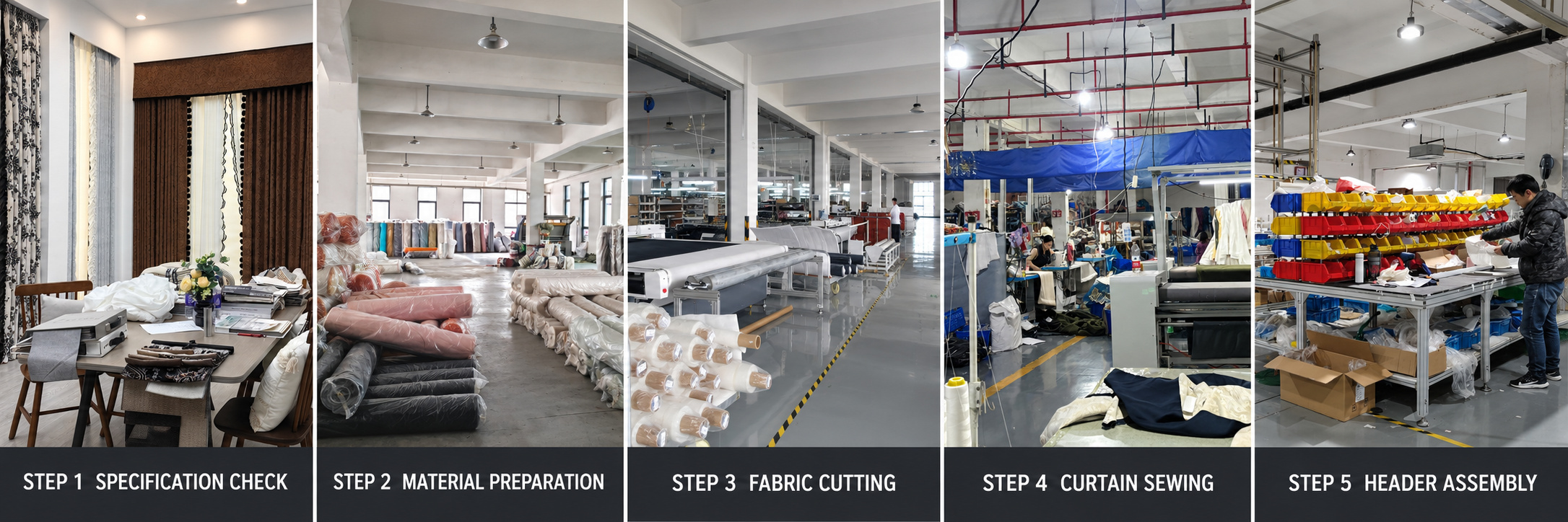 Bulk curtain production from specification check to header assembly