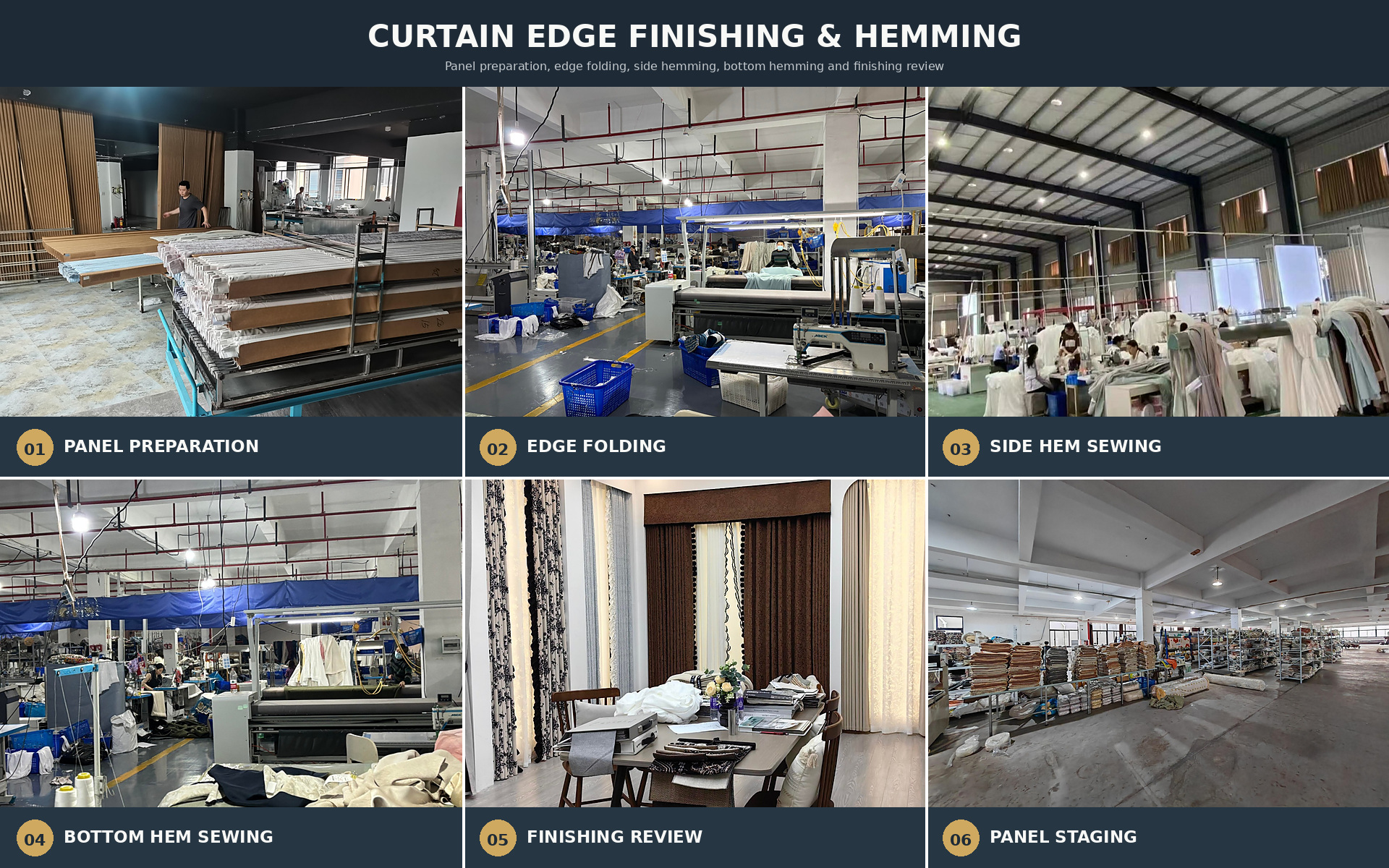 Curtain edge finishing and hemming production process