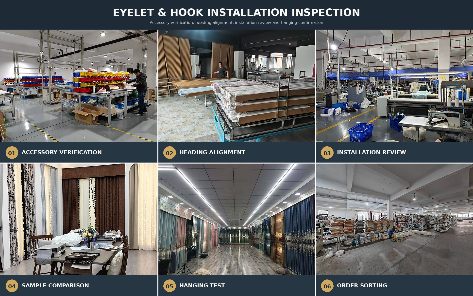Curtain eyelet and hook installation inspection