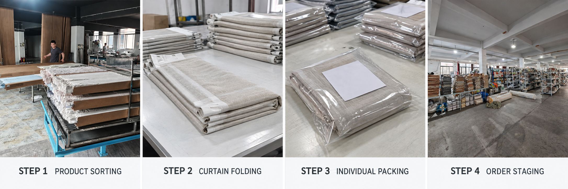 Curtain folding, individual packing and order staging process