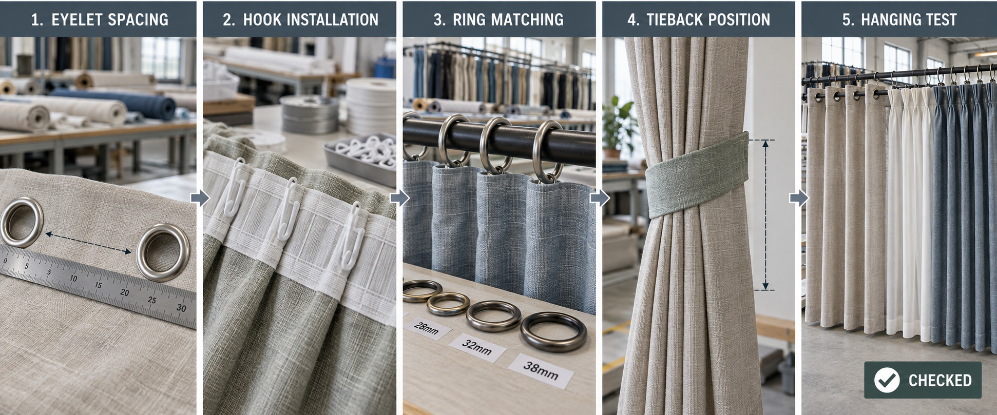 Curtain hardware fitting and hanging inspection.