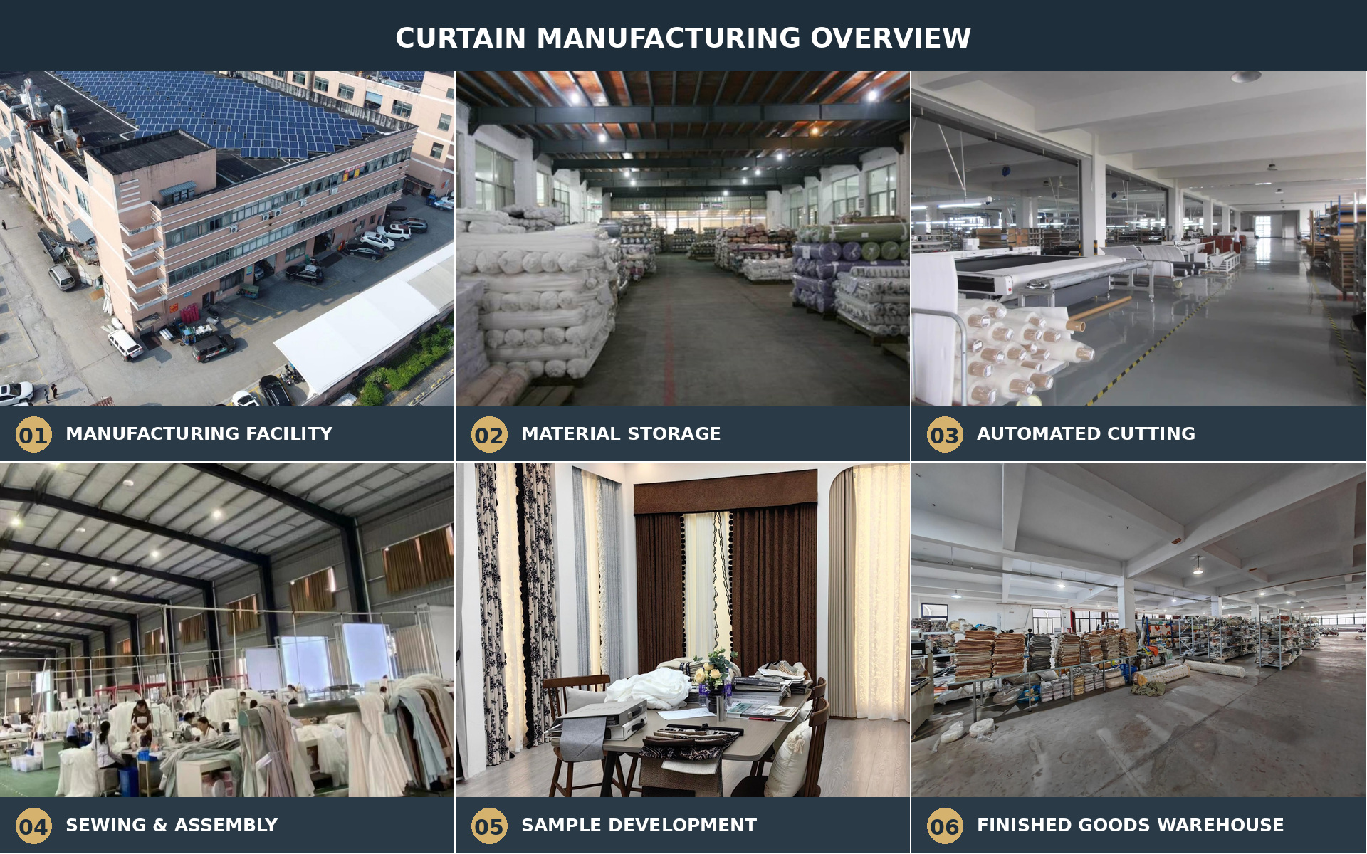 Curtain manufacturing facility, production workshop and warehouse overview