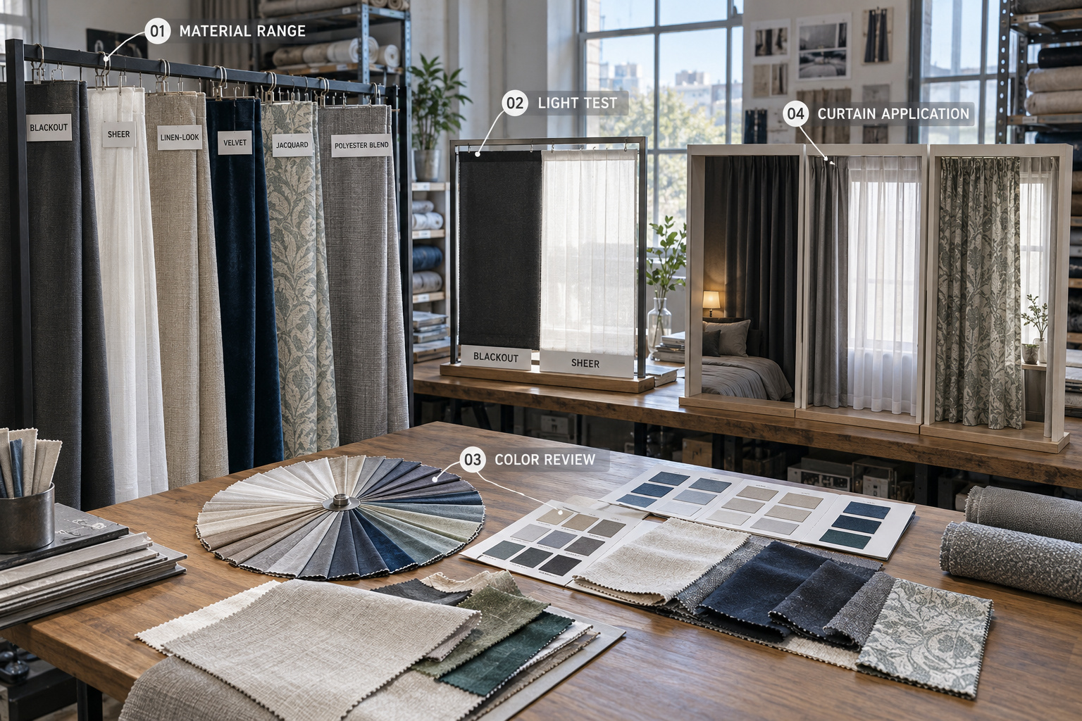 Curtain material selection and light testing.