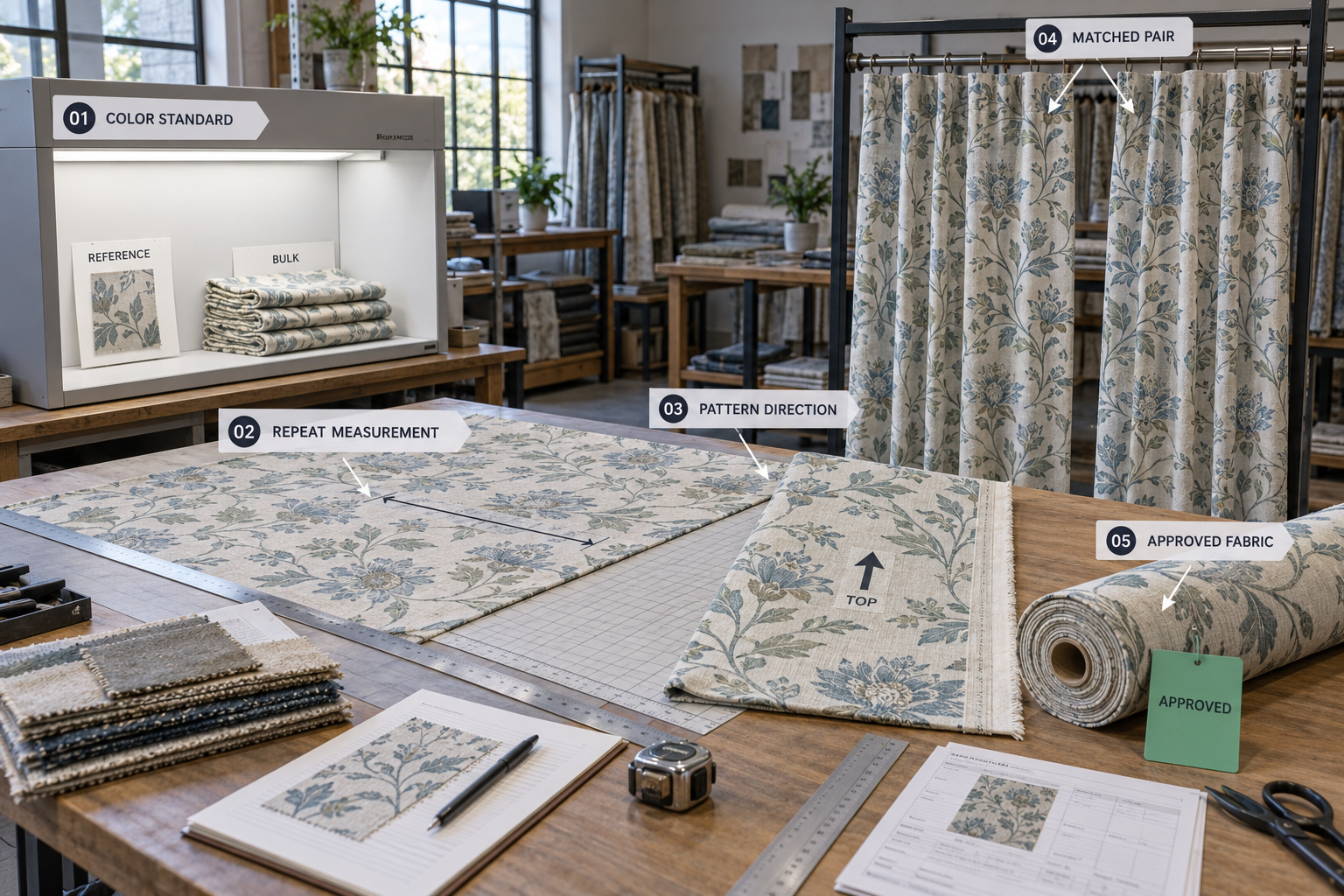 Curtain pattern alignment and color inspection.