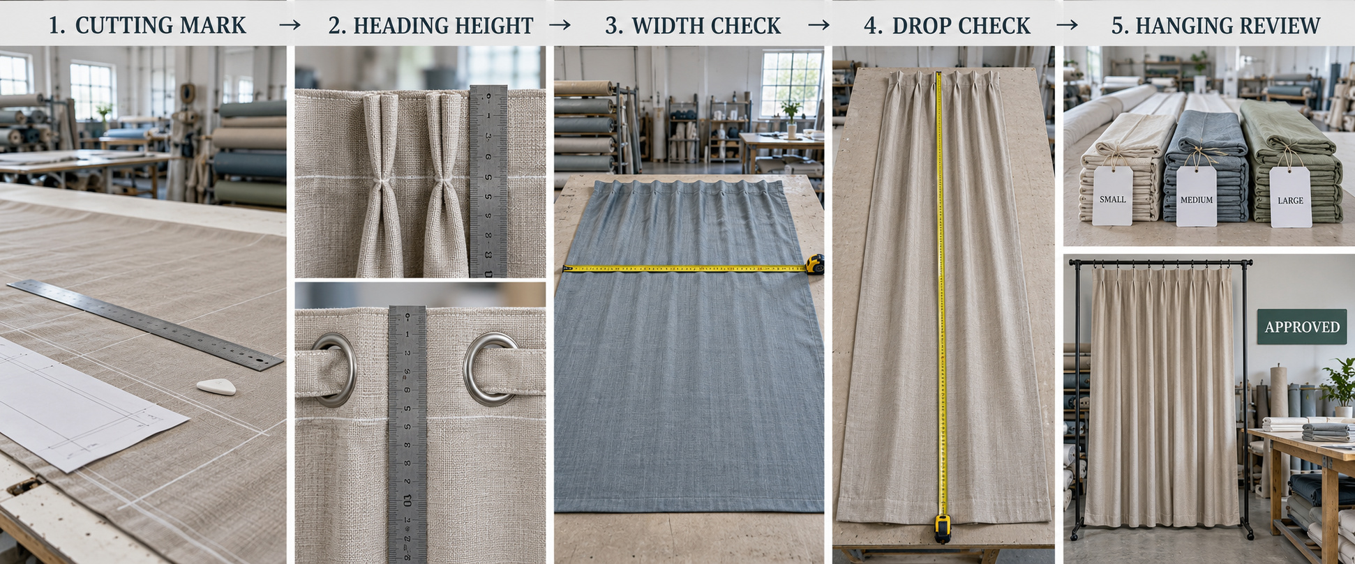 Curtain size confirmation and inspection process.