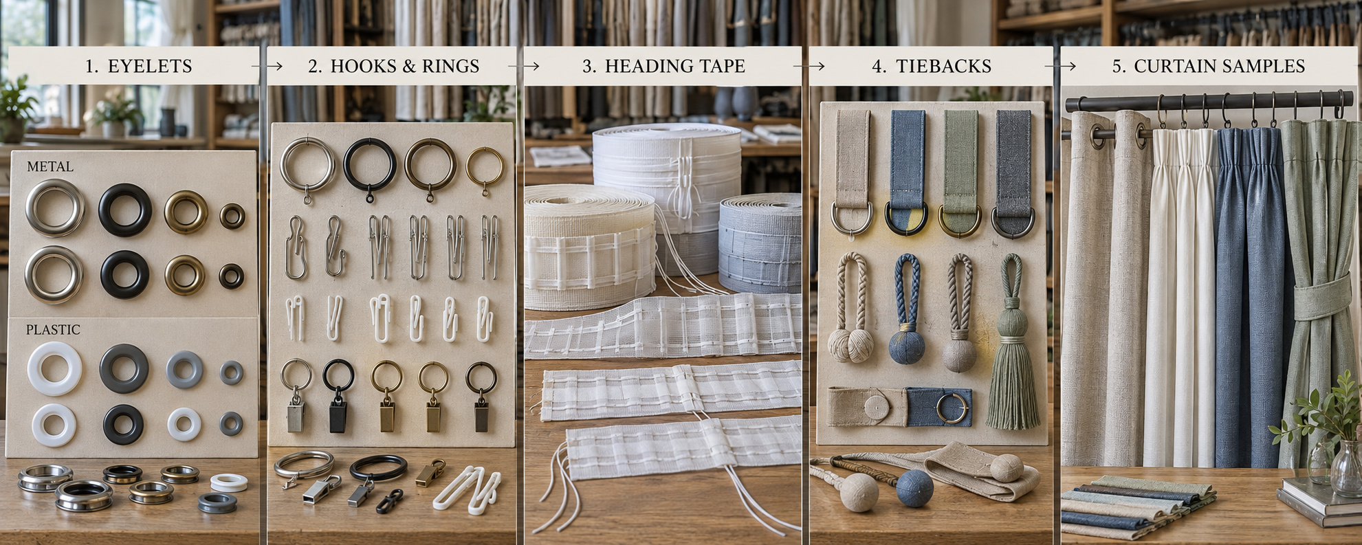 Custom curtain accessories and heading samples.