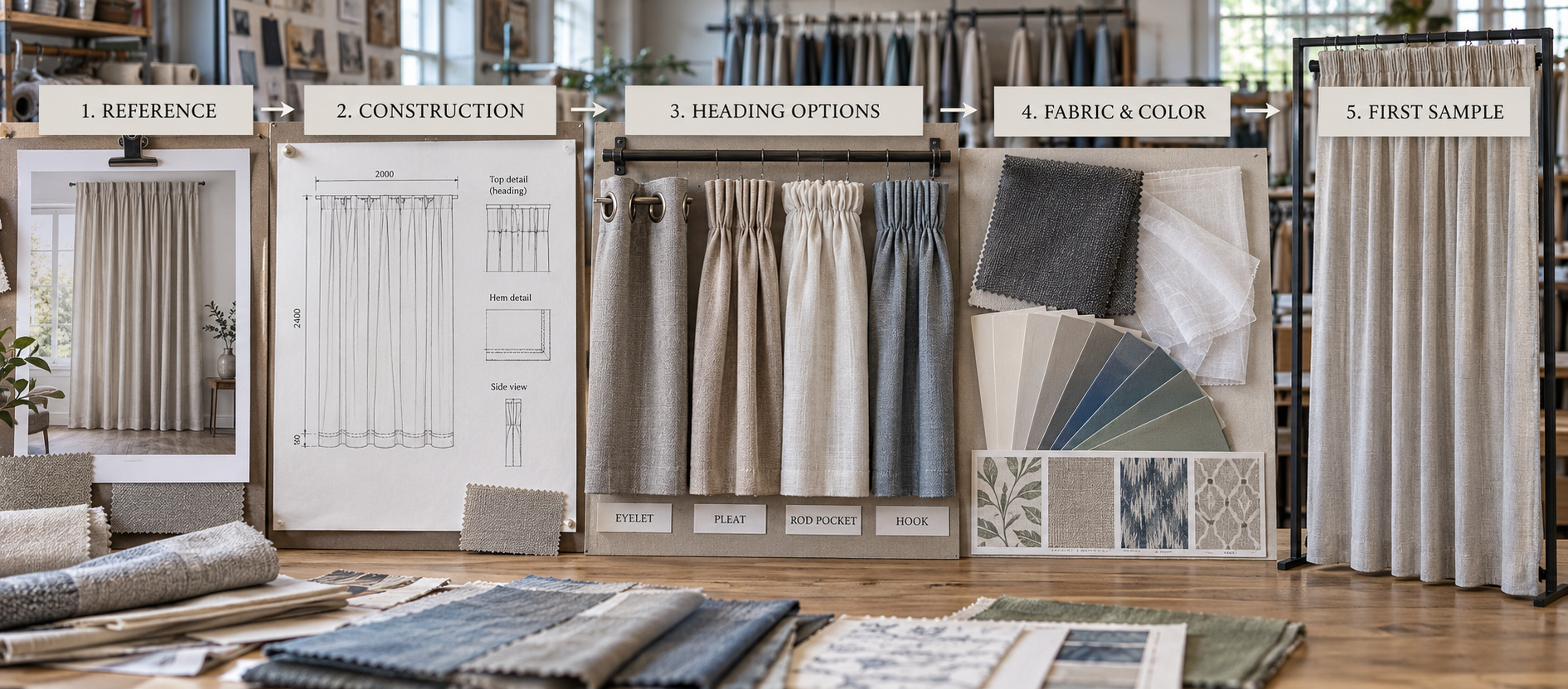 Custom curtain design and sample review.