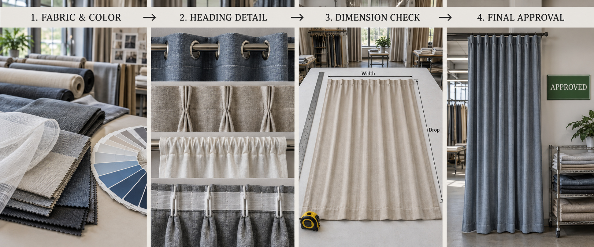 Custom curtain material and size confirmation.