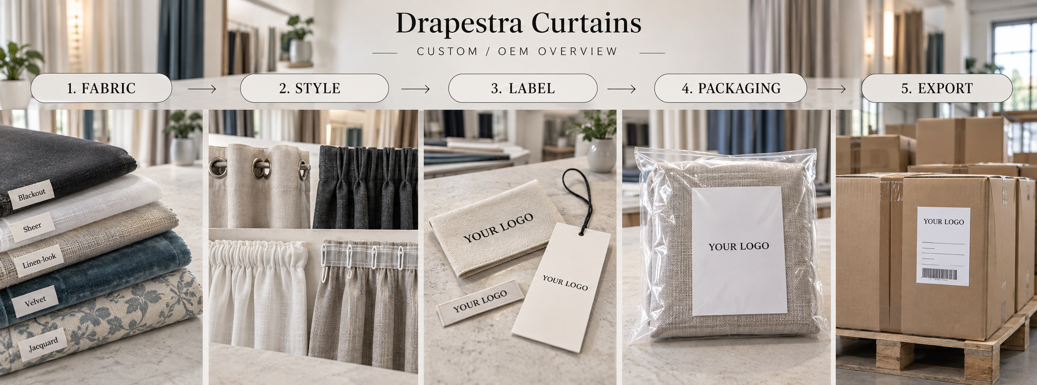 Custom curtain options from fabric and style selection to labeling, packaging and export.
