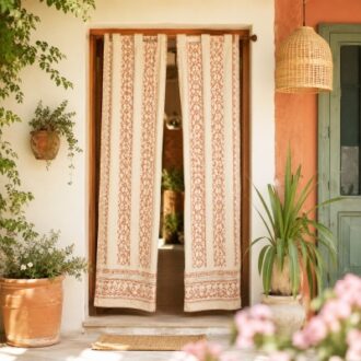 Decorative door curtains installed at residential entrance with fabric pattern