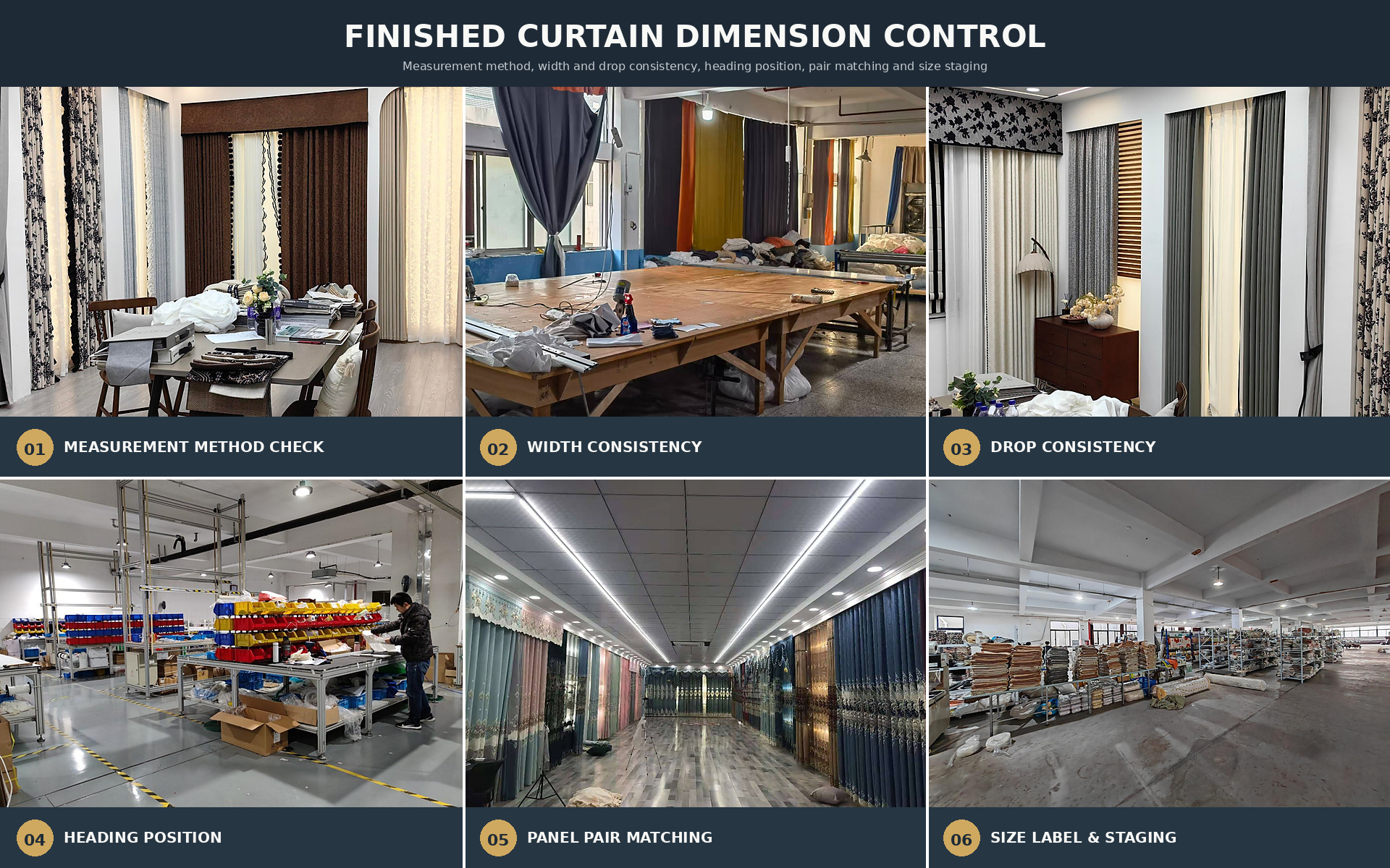Finished curtain dimension control and inspection