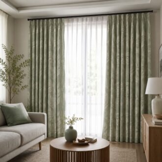 Modern living room curtains with decorative fabric design and natural lighting