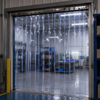Industrial PVC strip curtains installed at warehouse entrance for separation