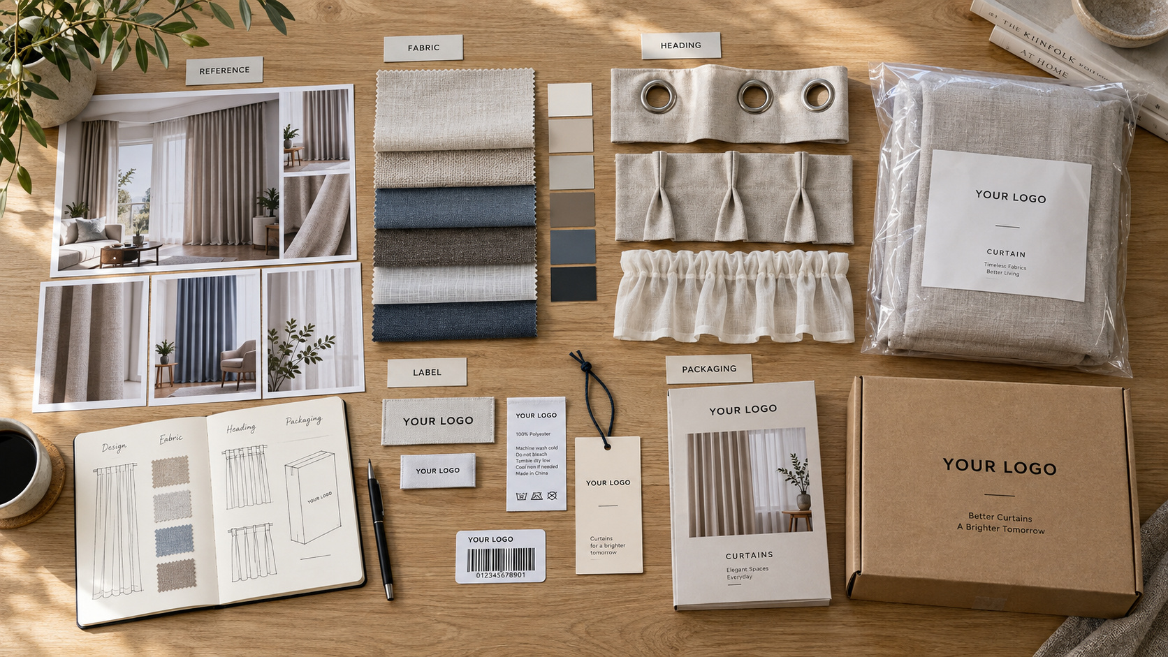 Private label curtain materials and branding samples