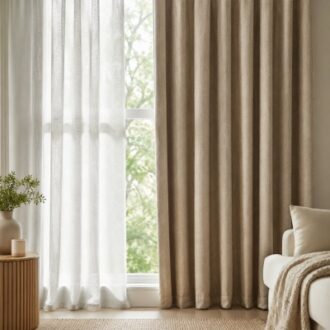Custom window curtains with blackout and sheer fabric installed in modern living room
